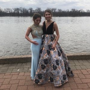 Blue black gold poofy junior prom dress